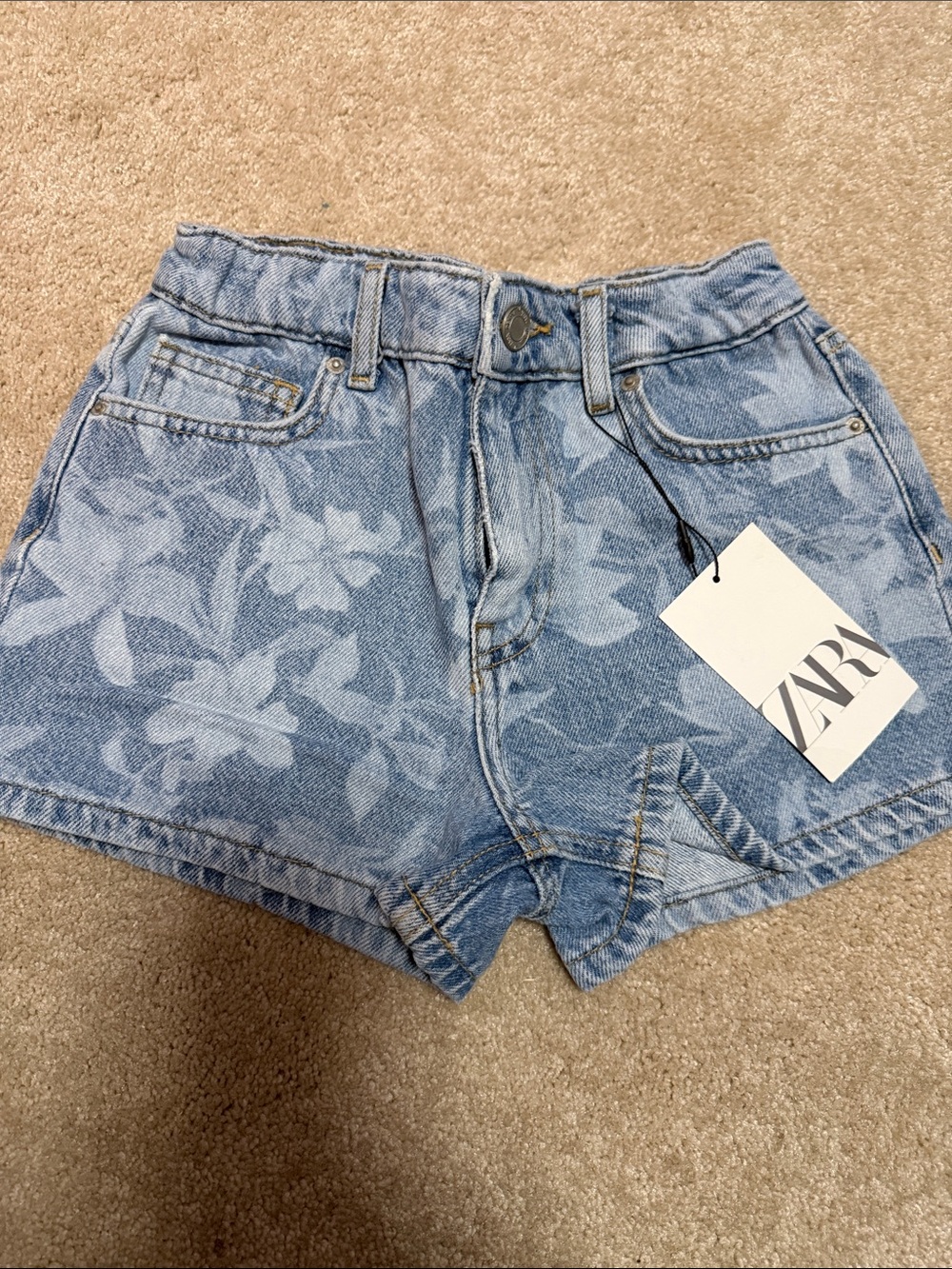 Zara Blue Floral-Print Denim High-Waist Shorts